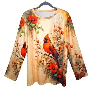 NEW Cardinal Floral Bird Long sleeve Tee Plus Size XXL